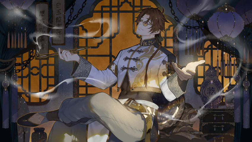 1boy, abs, architecture, arm_holster, belt, belt_buckle, black_ribbon, black_shirt