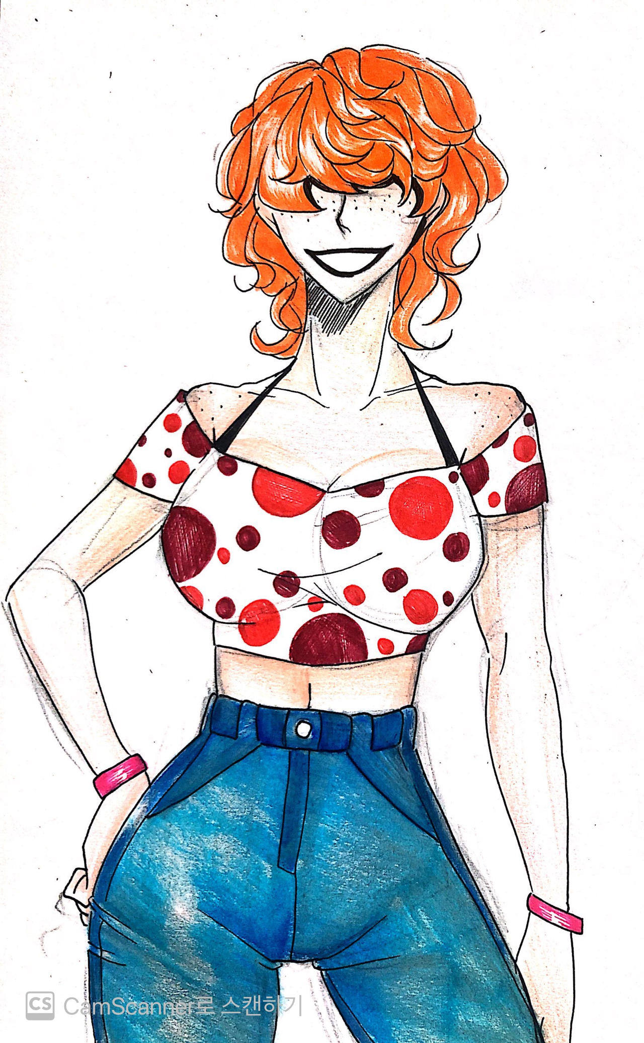 1girl, bra, cartoon_network, colored_pencil_(medium), curly_hair, deviantart, ed_edd_n_eddy, female, female_focus, hidden_eyes, jeans, lee_kanker, nmaki98, orange_hair, polka_dot_shirt, simple_background, smile, teeth, traditional_media, white_background, wristband