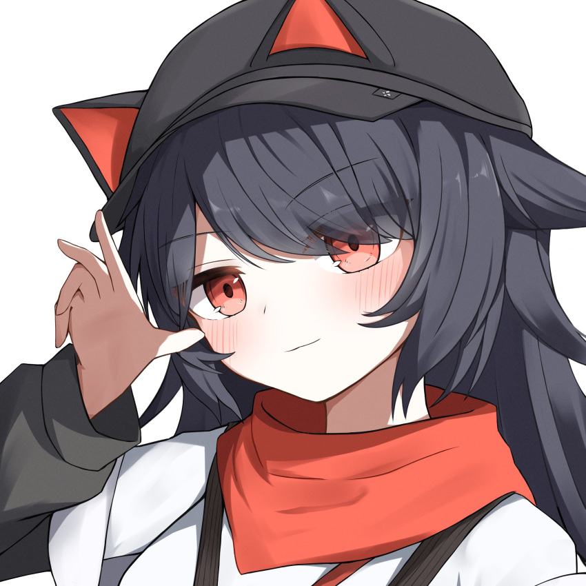 1girl, animal_ear_headwear, animal_ears, animal_hat, black_hair, blush, cat_ears, cat_hat, closed_mouth, deltaflair_(vrchat), ears_through_headwear, eyes_visible_through_hair, fake_animal_ears, hand_up, hat, highres, layered_sleeves, long_hair, long_sleeves, looking_at_viewer, official_alternate_costume, red_eyes, red_scarf, retumaru_berry, scarf, shirt, simple_background, smile, solo, upper_body, vrchat, white_background, white_shirt