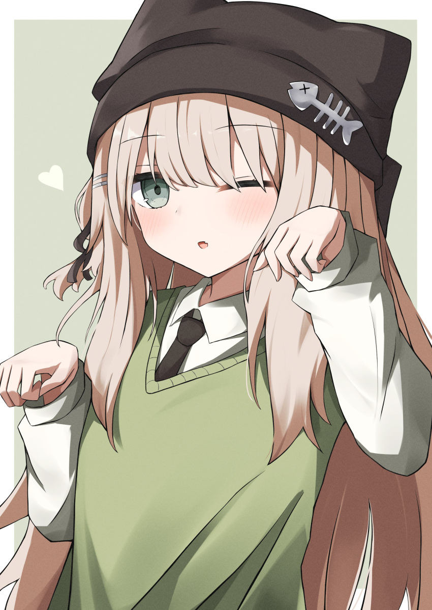 1girl, absurdres, animal_ear_headwear, animal_ears, animal_hat, beanie, black_necktie, blonde_hair, blush, border, cat_hat, collared_shirt, green_background, green_eyes, hair_ornament, hair_ribbon, hairclip, hat, heart, highres, kipfel_(vrchat), long_hair, long_sleeves, looking_at_viewer, necktie, one_eye_closed, open_mouth, paw_pose, retumaru_berry, ribbon, shirt, simple_background, solo, sweater_vest, upper_body, vest, vrchat, white_border, white_shirt