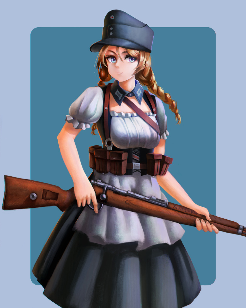 1girl, absurdres, bandolier, belt, blonde_hair, blue_background, blue_eyes, bolt_action