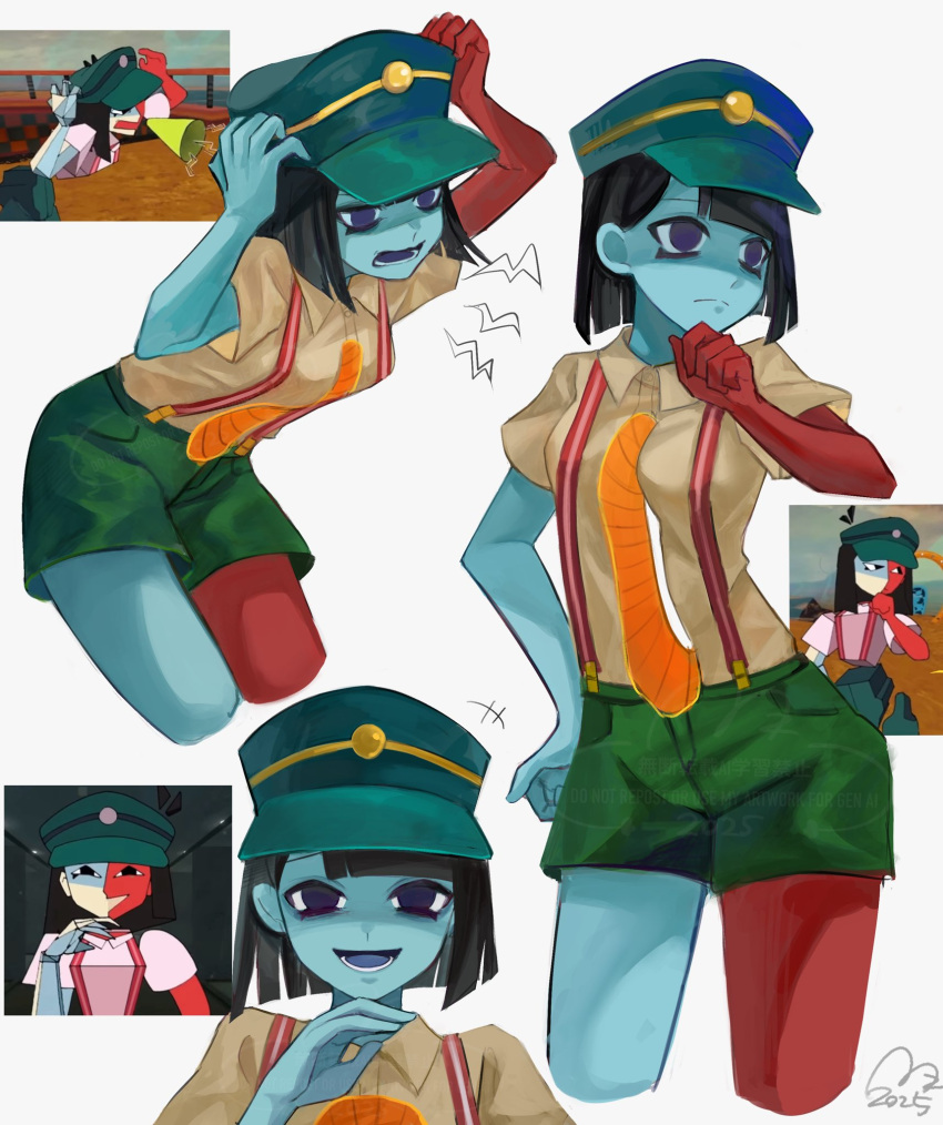 1girl, angry, bent_over, black_hair, blue_skin, blunt_bangs, blunt_ends, bob_cut