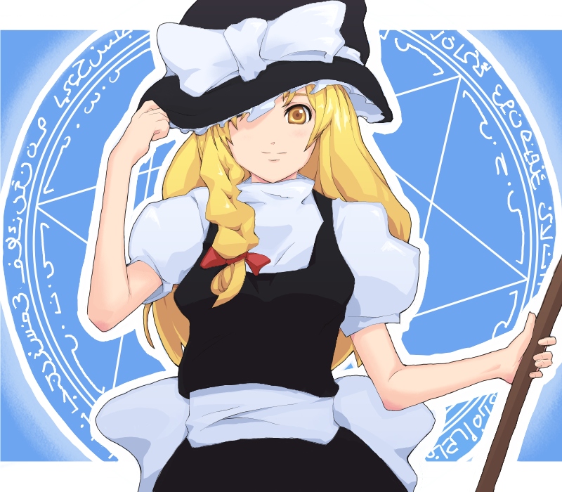 1girl, back_bow, black_hat, black_skirt, black_vest, blonde_hair, blue_background, bow