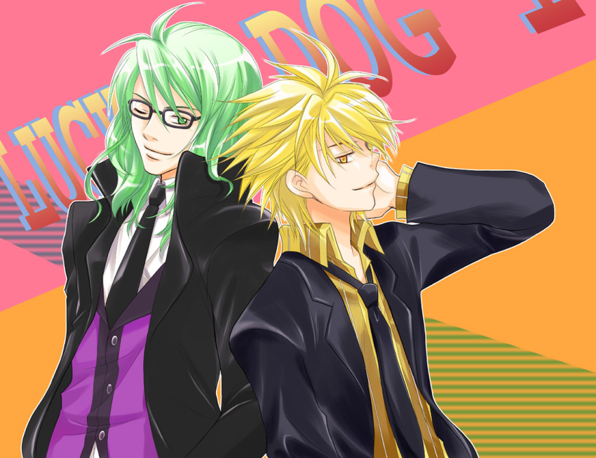 2boys, bernardo_ortolani, bishounen, black-framed_eyewear, black_coat, black_necktie, blonde_hair, closed_mouth