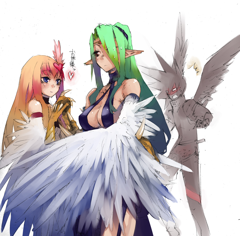 bad_id, bare_shoulders, crossed_arms, duel_monster, feathers, hands_together, harpie_girl, harpie_queen
