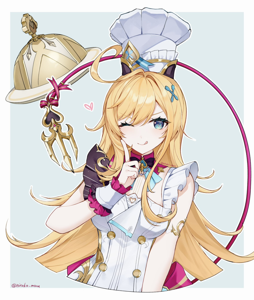 1girl, ahoge, aqua_eyes, armlet, blue_eyes, border, breasts, chef_hat