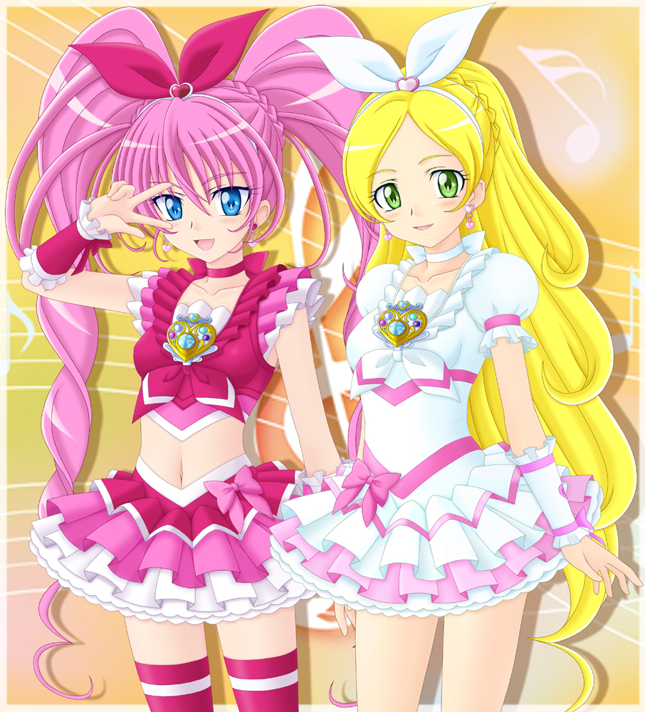 blue_eyes, cure_melody, cure_rhythm, green_eyes, hair_ribbon, houjou_hibiki, long_hair, magical_girl