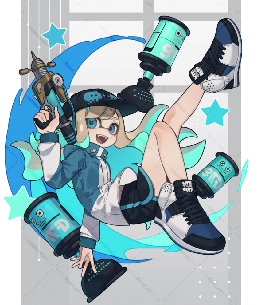 1girl, :d, baseball_cap, black_hat, black_shoes, black_shorts, blonde_hair, blue_eyes