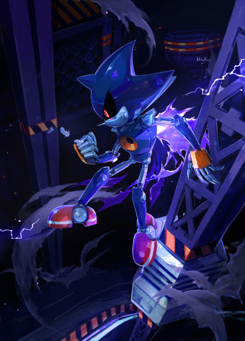 1boy, absurdres, armor, artist_name, black_sclera, blue_armor, blue_feathers, by_almaz