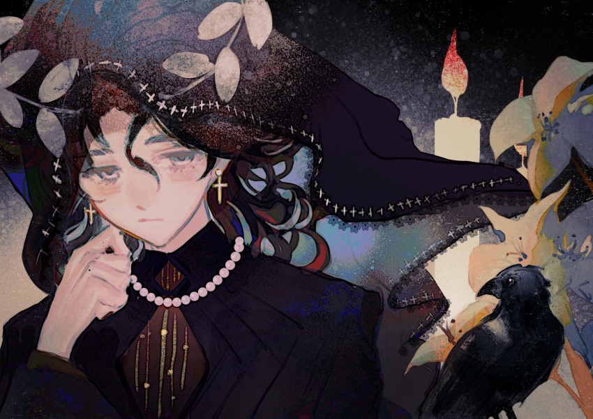 1boy, bird, black_bird, black_hair, black_veil, candle, cross, cross_earrings