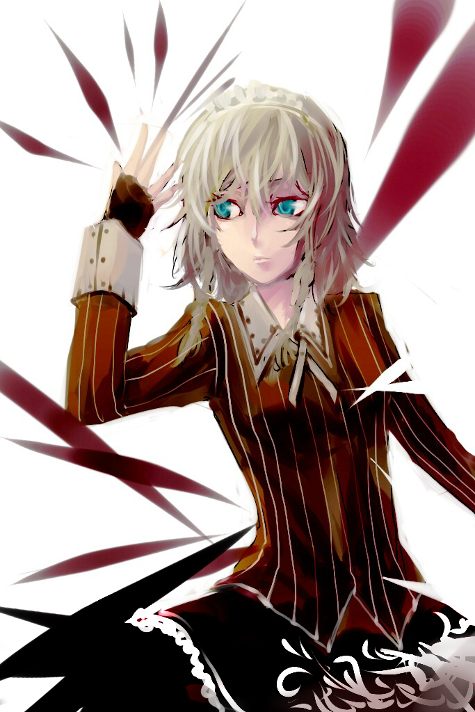 alternate_costume, bad_id, blue_eyes, braid, even_(artist), fingerless_gloves, gloves, izayoi_sakuya, knife, koumajo_densetsu, koumajou_densetsu, maid_headdress, pinstripe_pattern, short_hair, silver_hair, skirt, solo, throwing_knife, touhou, twin_braids, weapon