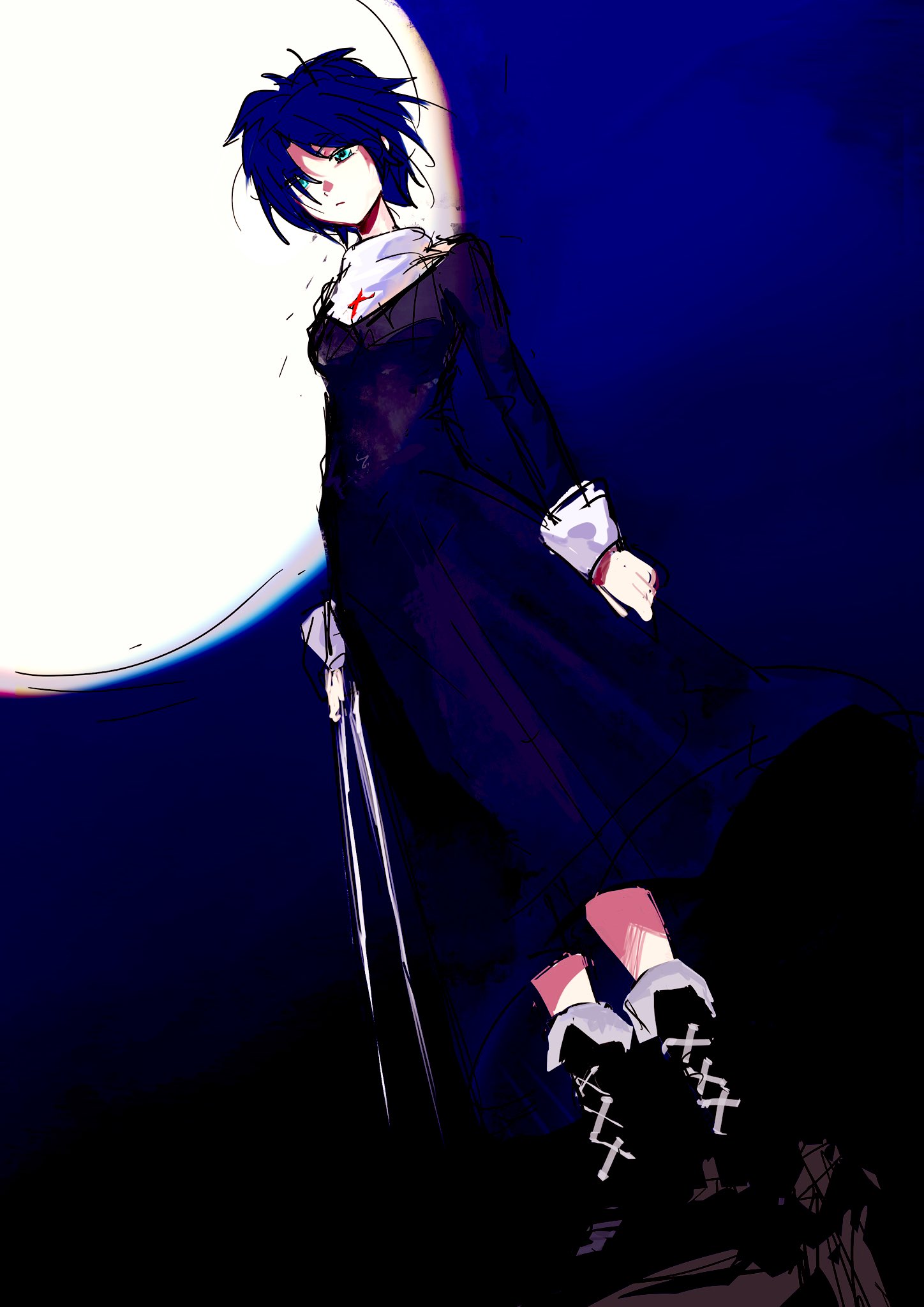1girl, black_keys_(type-moon), blue_eyes, blue_hair, blue_sky, ciel_(tsukihime), dress, full_body