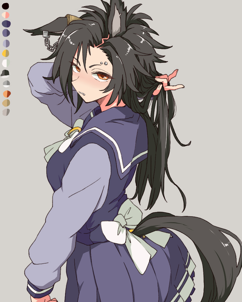 1girl, air_shakur_(umamusume), animal_ears, black_hair, blue_serafuku, blue_shirt, blue_skirt, bow