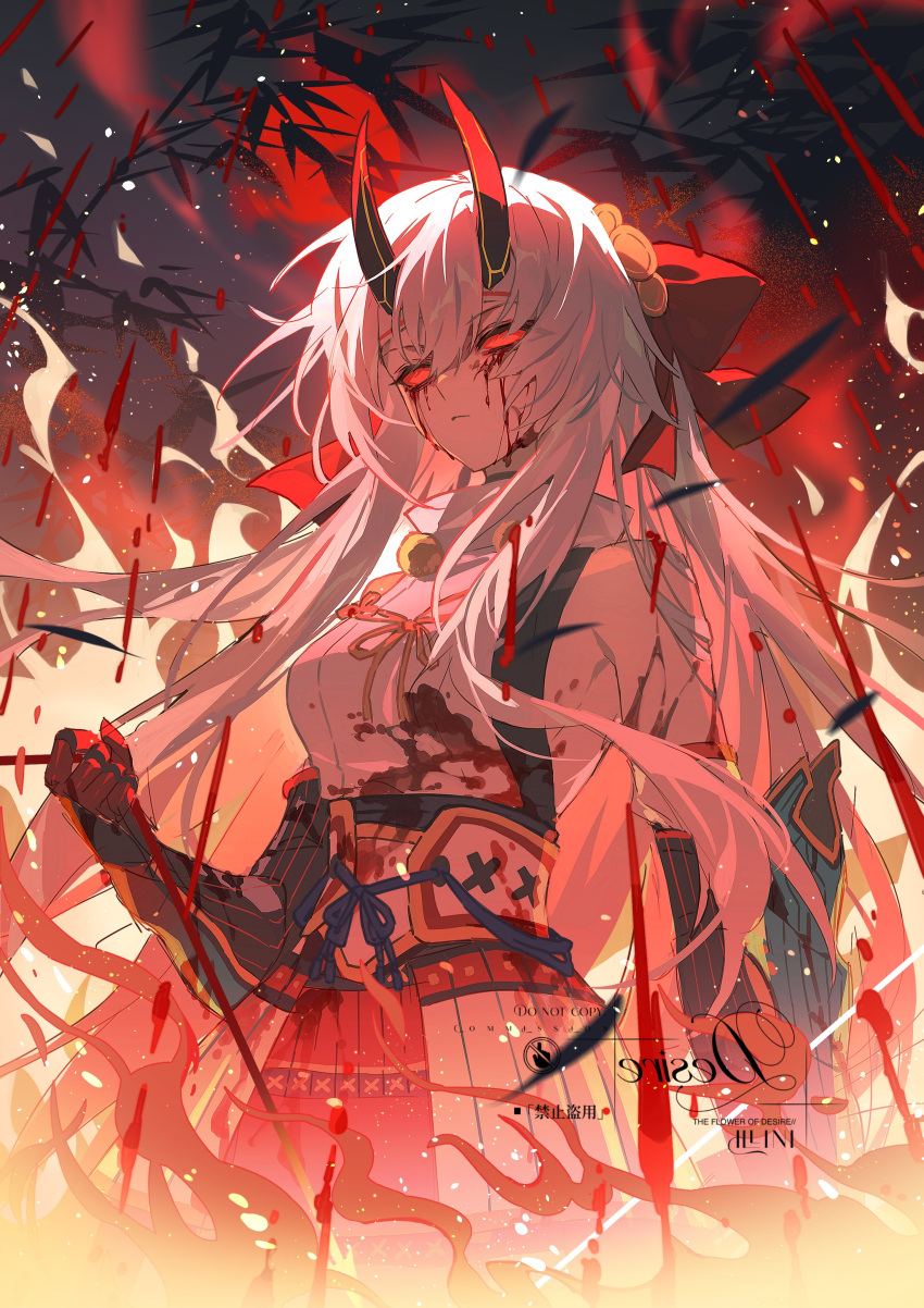 1girl, absurdres, armor, black_horns, blank_eyes, blood, blood_from_eyes, blood_on_clothes