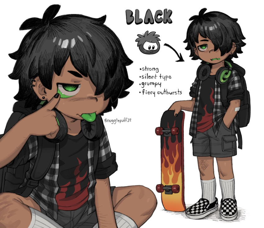1boy, black_hair, black_nails, club_penguin, colored_tongue, dark-skinned_male, dark_skin, ear_piercing