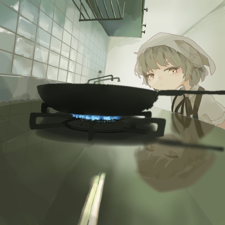 1girl, collared_shirt, counter, derivative_work, faucet, frying_pan, grey_hair, hatoba_tsugu