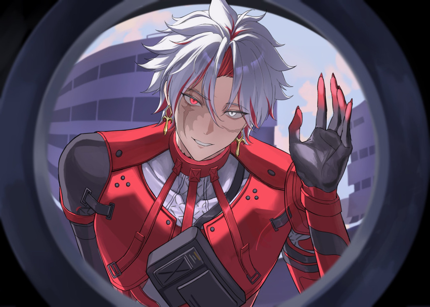1boy, burn_scar, commentary_request, cross, cross_earrings, earrings, hand_up, heterochromia