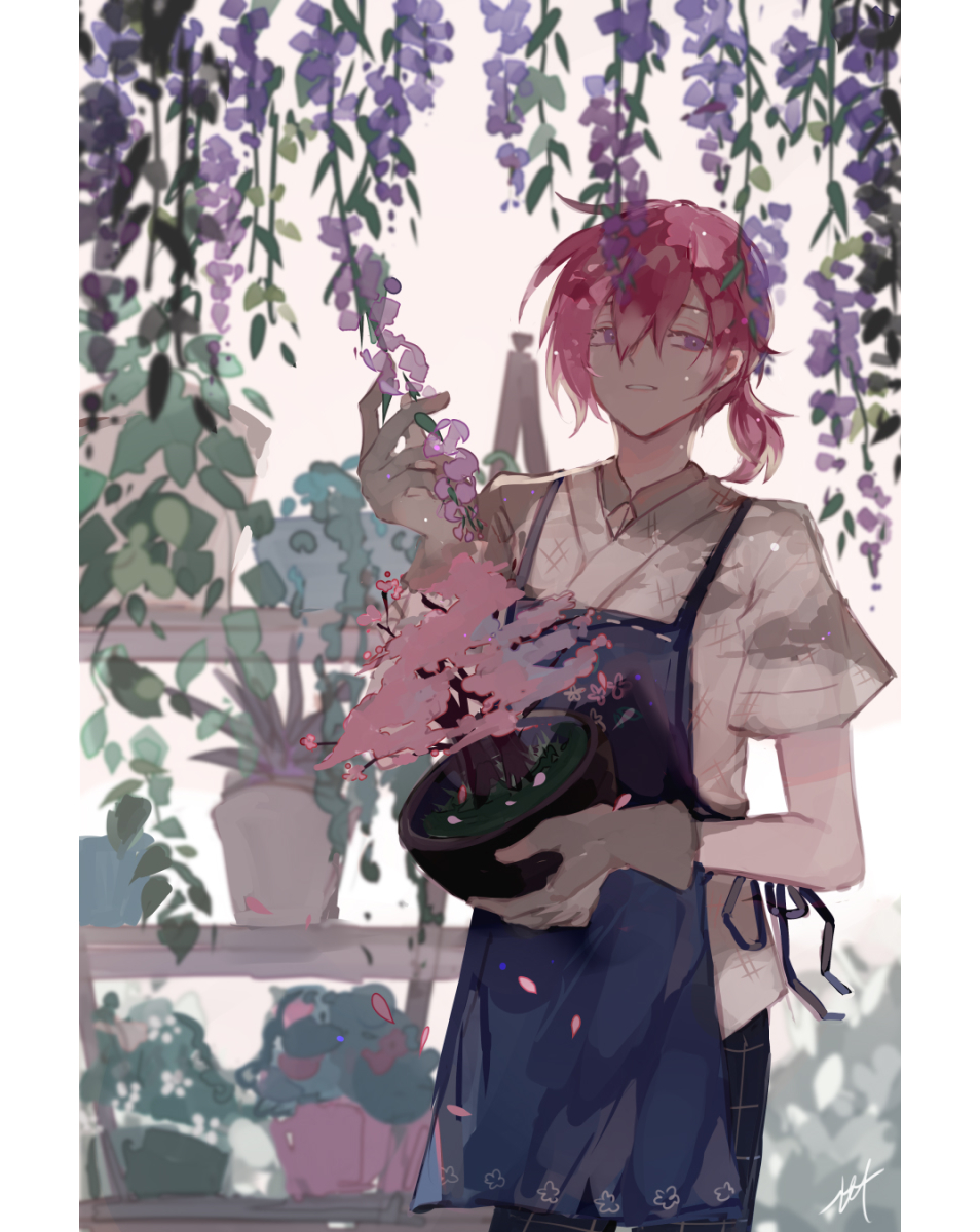 1boy, apron, black_pants, blue_apron, bonsai, brown_gloves, cowboy_shot, food_fantasy, gloves, grey_shirt, hair_between_eyes, highres, holding, holding_plant, hyde_(hai-do), looking_to_the_side, male_focus, open_mouth, pants, pink_hair, plant, raindrop_cake_(food_fantasy), shirt, short_hair, signature, simple_background, violet_eyes