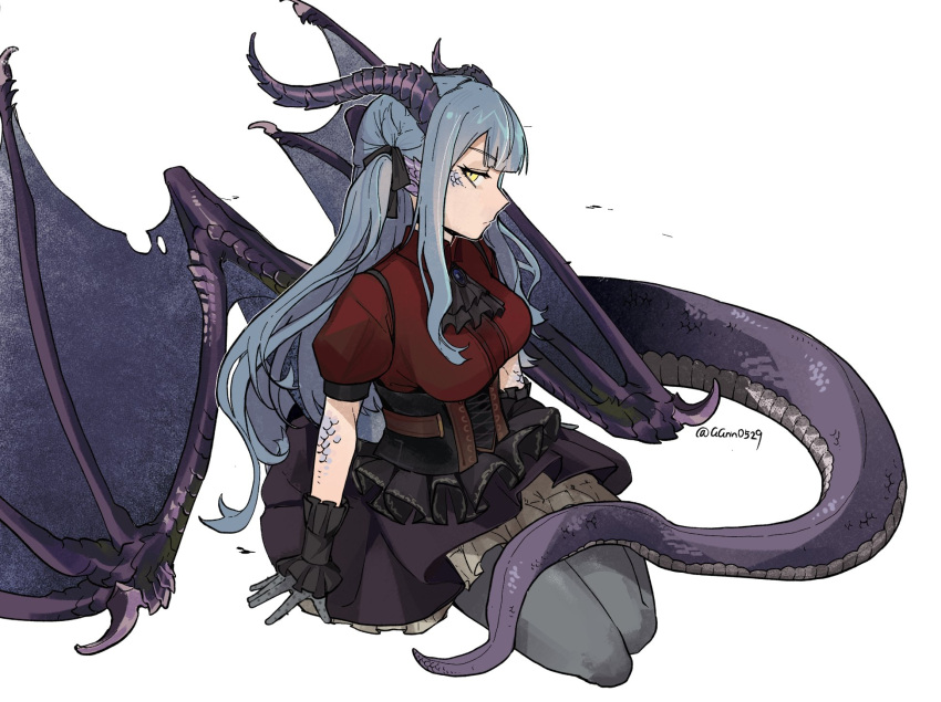 1girl, arms_at_sides, ascot, bang_dream!, bang_dream!_it's_mygo!!!!!, belt, black_ascot, black_corset, black_ribbon, black_skirt, black_wrist_cuffs, blue_brooch, blue_hair, breasts, collared_shirt, corset, cross-laced_clothes, cross-laced_corset, dragon_ears, dragon_girl, dragon_horns, dragon_tail, dragon_wings, expressionless, frilled_corset, frilled_wrist_cuffs, frills, full_body, gloves, grey_gloves, grey_pantyhose, guagua977, hair_ribbon, half-closed_eyes, highres, horns, large_breasts, long_hair, long_sidelocks, looking_at_viewer, oblivionis_(bang_dream!), outline, pantyhose, petticoat, profile, puffy_short_sleeves, puffy_sleeves, red_shirt, ribbon, scales, shirt, short_sleeves, sidelocks, sitting, skirt, solo, tail, three_quarter_view, togawa_sakiko, very_long_hair, white_outline, wings, wrist_cuffs, yellow_eyes, yokozuwari