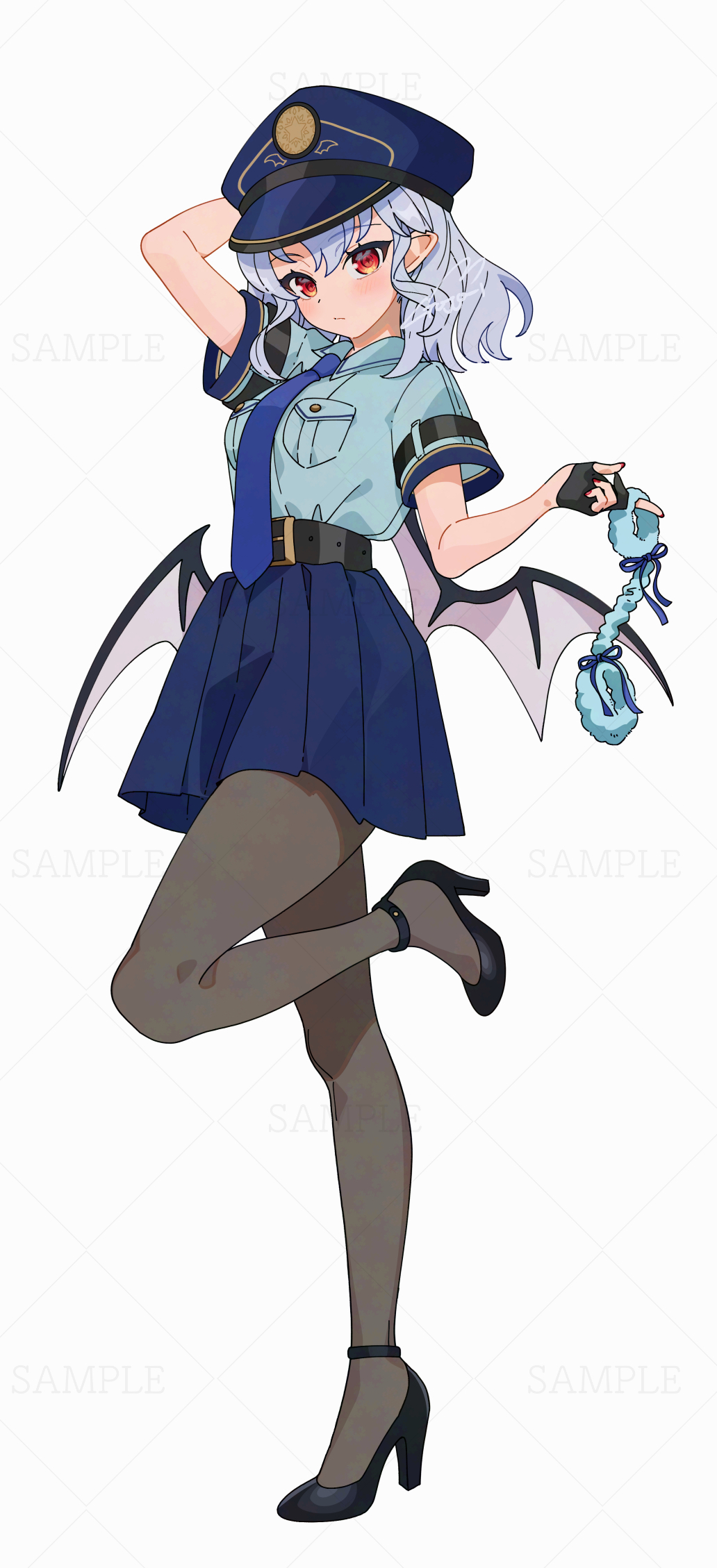 1girl, alternate_costume, arm_up, bat_wings, belt, black_belt, black_gloves, black_pantyhose