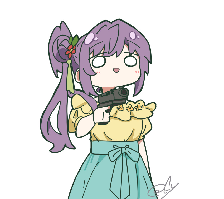 1girl, :d, absurdres, aqua_skirt, false_smile, frilled_shirt, frills, gun
