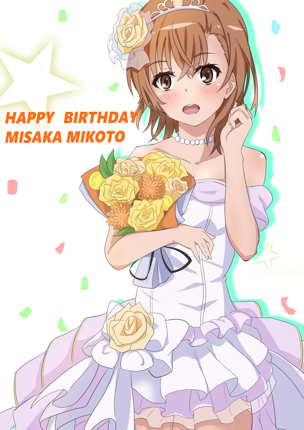 1girl, :d, asymmetrical_bangs, bare_shoulders, bouquet, brown_eyes, brown_hair, commentary_request