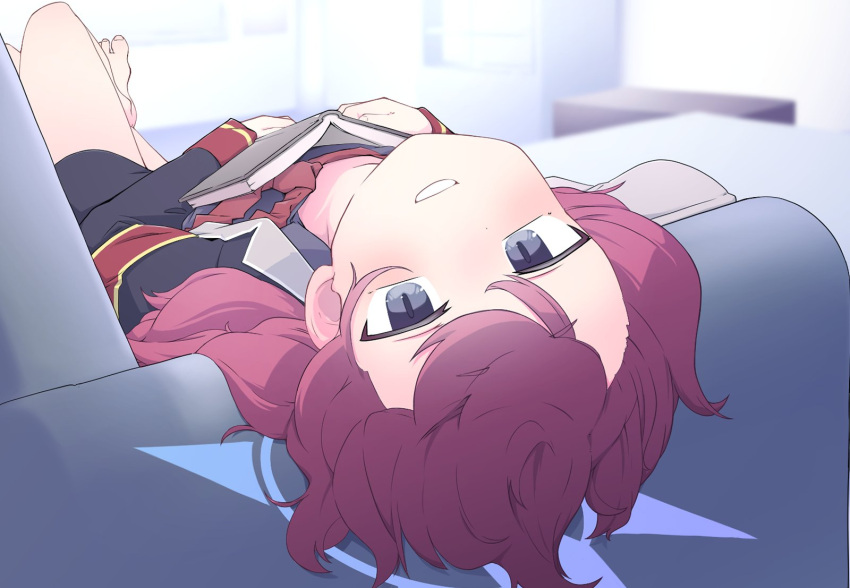 1girl, barefoot, black_jacket, blue_archive, book, couch, grey_eyes, halo