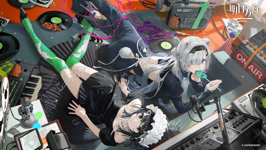 2girls, animal_ears, aqua_eyes, arknights, aurora_(arknights), backless_dress, backless_outfit, bear_ears