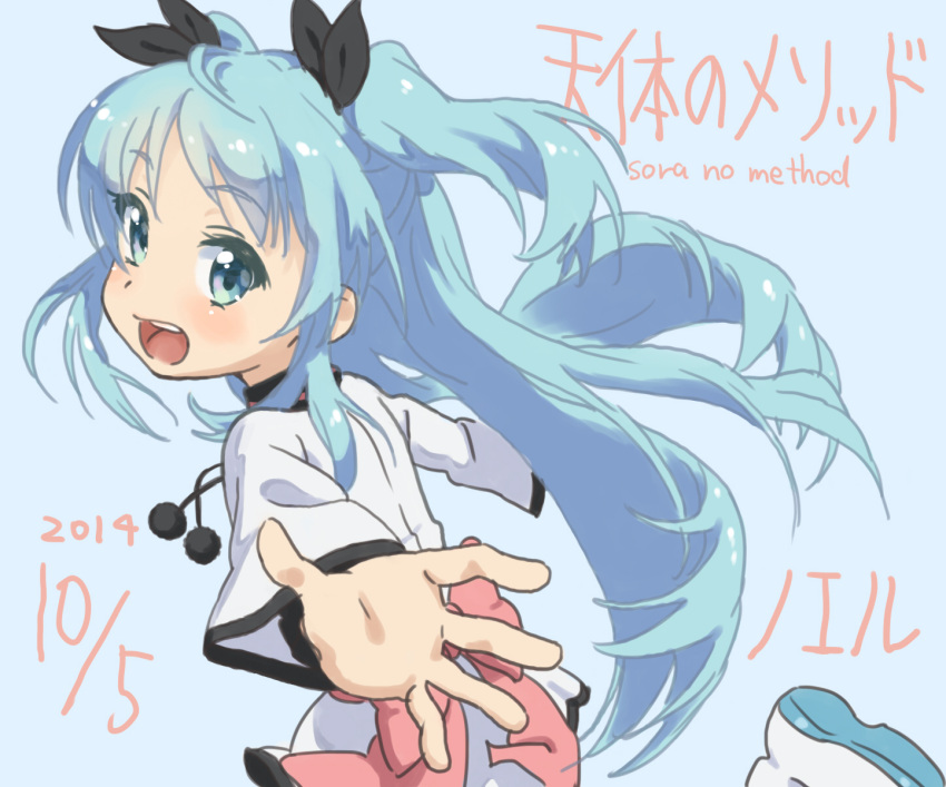 1girl, blue_background, blue_hair, bow, copyright_name, dated, floating_hair, highres