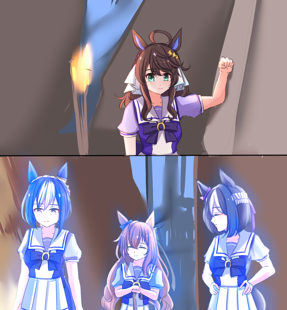 4girls, ahoge, anikinoihai893, black_hair, blush, brown_hair, cesario_(umamusume), closed_eyes, closed_mouth, collarbone, commentary_request, daring_tact_(umamusume), ghost, hair_ornament, maruzensky_(umamusume), may_the_4th, multiple_girls, parody, school_uniform, smile, special_week_(umamusume), staff, star_(symbol), star_hair_ornament, star_wars, tracen_school_uniform, umamusume