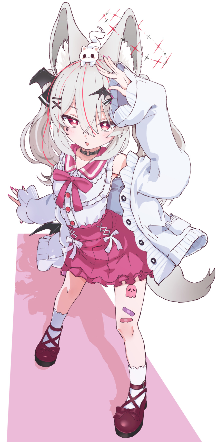 1girl, absurdres, animal_ear_fluff, animal_ears, arm_up, bandaid, bat_wings, bright_pupils, cardigan, choker, fox_ears, fox_girl, fox_tail, full_body, grey_hair, hair_ornament, highres, karin_(vrchat), long_hair, looking_at_viewer, mashirokuro, multicolored_hair, open_cardigan, open_clothes, pink_eyes, pink_hair, pink_sailor_collar, pink_skirt, red_eyes, sailor_collar, shirt, shoes, simple_background, skirt, socks, solo, streaked_hair, tail, transparent_background, twintails, vrchat, white_pupils, white_socks, wings, yucblossom