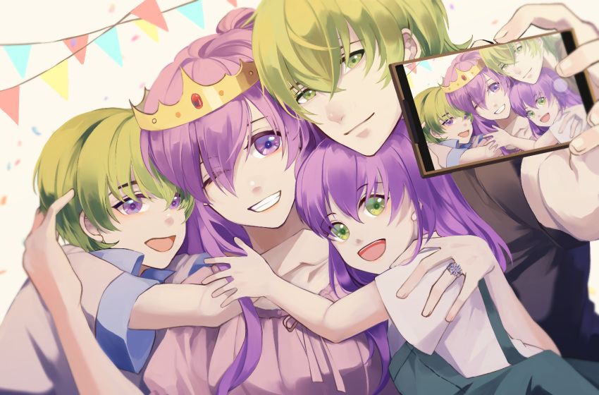 2boys, 2girls, :d, black_shirt, brother_and_sister, cellphone, closed_mouth, collarbone