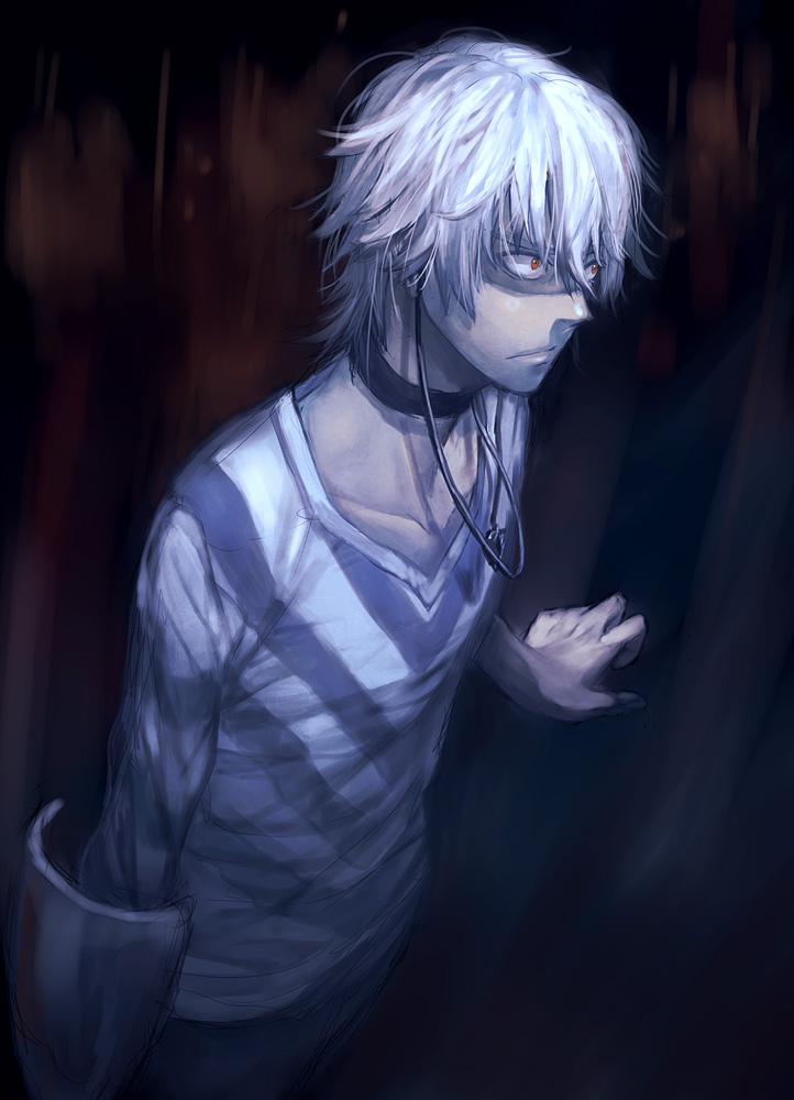albino, choker, crutch, face, kitsunen_(kitune_n), kitunen, red_eyes, shirt