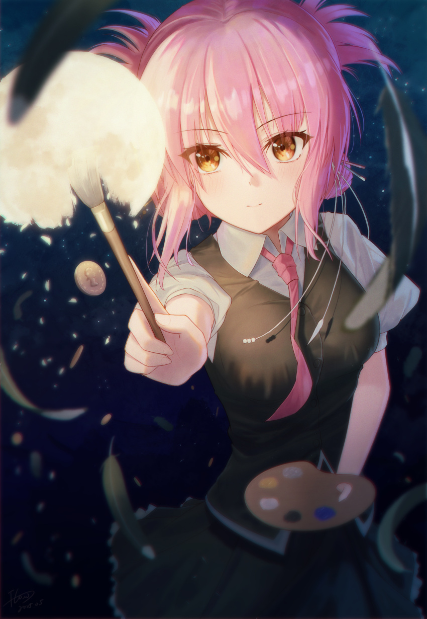 1girl, absurdres, black_skirt, black_vest, blurry, blurry_edges, brown_eyes, coin, collared_shirt, dark, depth_of_field, double_bun, falling_feathers, feathers, flowingcrescent, hair_between_eyes, hair_bun, highres, holding, holding_paintbrush, light_particles, light_smile, looking_at_viewer, moon, necktie, paint_palette, paintbrush, pink_hair, sakura_no_uta, school_uniform, shirt, short_hair, short_sleeves, skirt, solo, toritani_makoto, vest, white_shirt