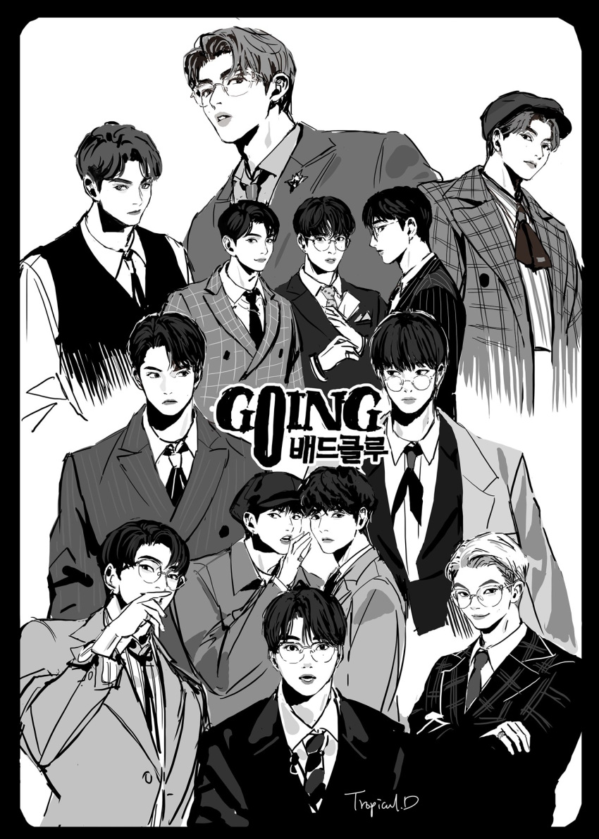 coat, commentary, crossed_arms, dino_(seventeen), dk_(seventeen), glasses, greyscale, hat