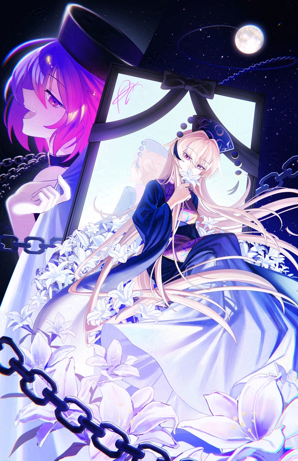 1boy, 2girls, bare_shoulders, black_dress, blonde_hair, bofeng, chain, chinese_clothes