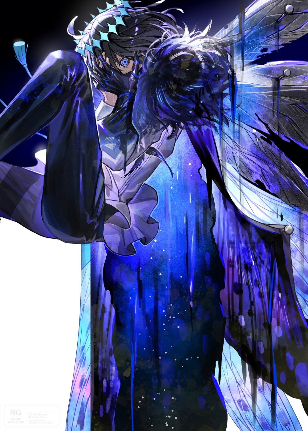 1boy, arthropod_boy, arthropod_limbs, black_hair, black_pants, blue_eyes, cape, cloak
