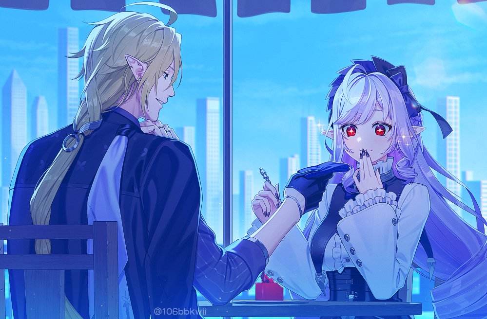 106bbkwii, 1boy, 1girl, arm_out_of_sleeve, black_gloves, black_jacket, black_nails, blonde_hair