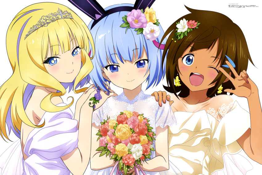 3girls, ;d, absurdres, animal_ears, bare_shoulders, blonde_hair, blue_eyes, blue_hair