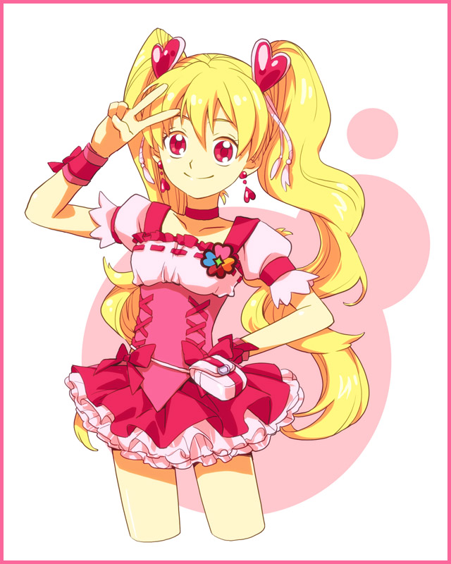 bad_id, blonde_hair, bow, choker, corset, cure_peach, earrings, fresh_precure!
