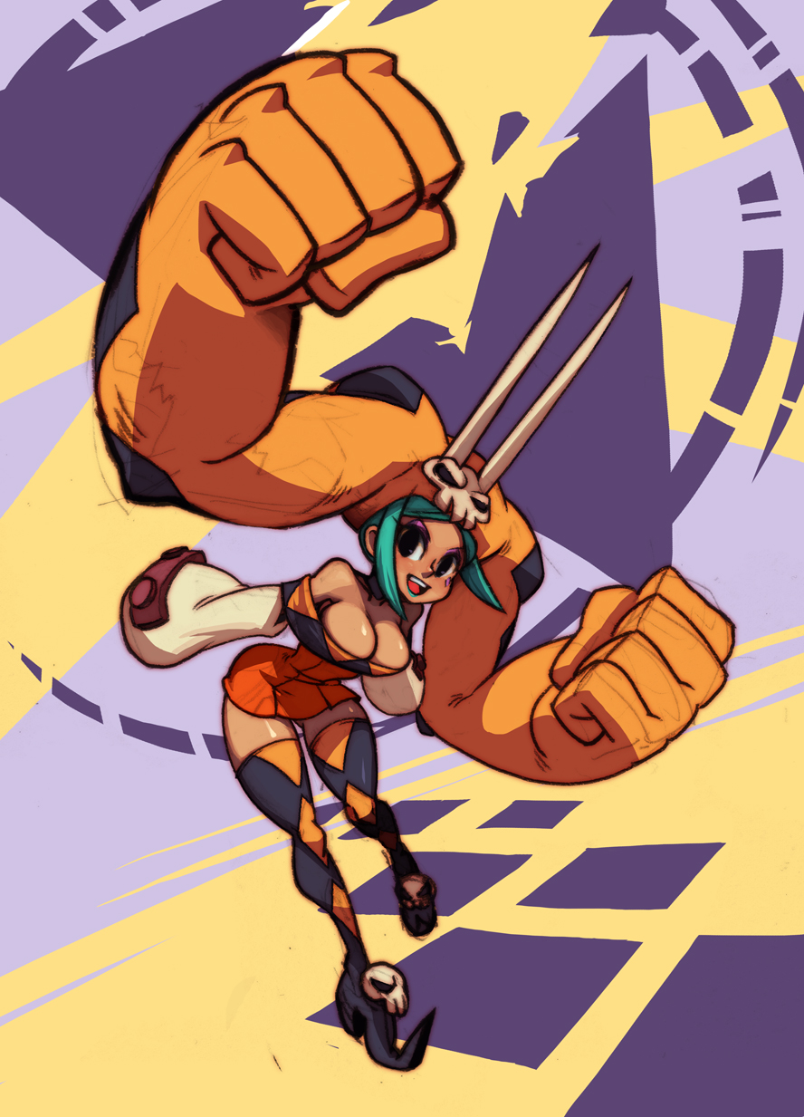 alex_ahad, breasts, cerebella, cleavage, dark_skin, horns, prehensile_hair, skull, skullgirls, solo, thigh-highs, thighhighs