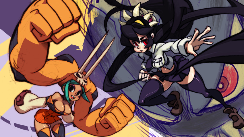 alex_ahad, aqua_hair, armor, armored_twintails, breasts, cerebella, cerebella_(skullgirls), cleavage, dark_skin, extra_mouth, filia, filia_(skullgirls), futakuchi-onna, living_clothes, long_hair, multiple_girls, navel, official_art, prehensile_hair, red_eyes, samson_(skullgirls), skirt, skullgirls, thigh-highs, thighhighs, twintails, vice-versa_(skullgirls)