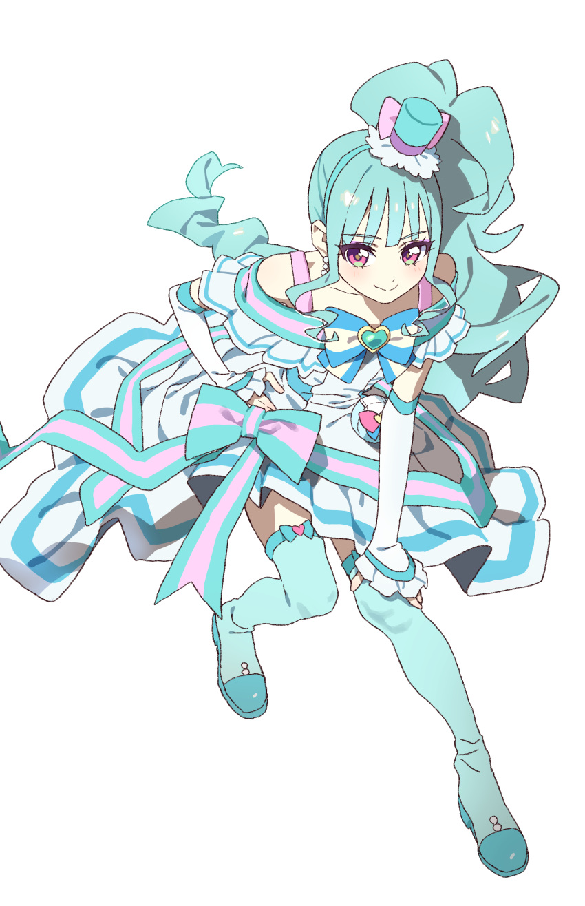 1girl, absurdres, aqua_dress, aqua_hair, aqua_shoes, aqua_thighhighs, arm_warmers, bow
