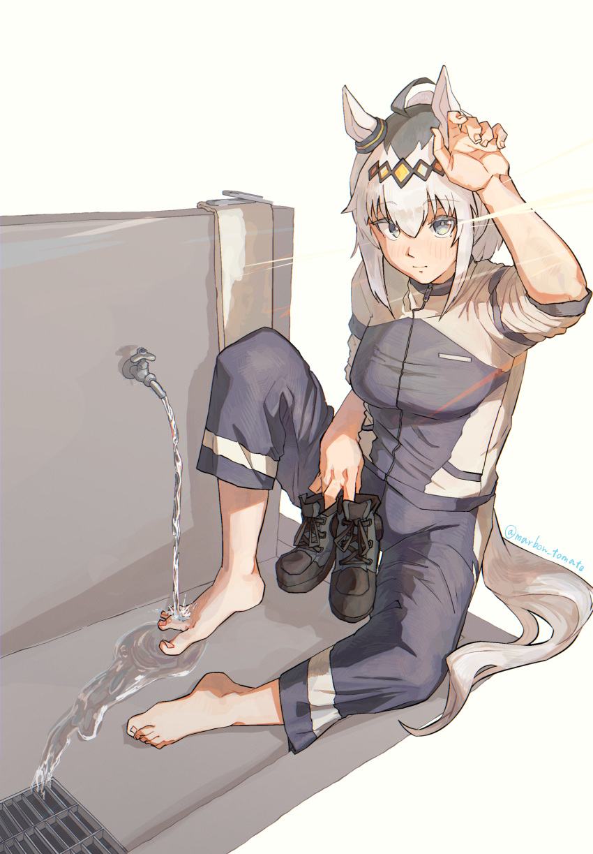 1girl, absurdres, ahoge, animal_ears, barefoot, black_shoes, commentary_request, dirty
