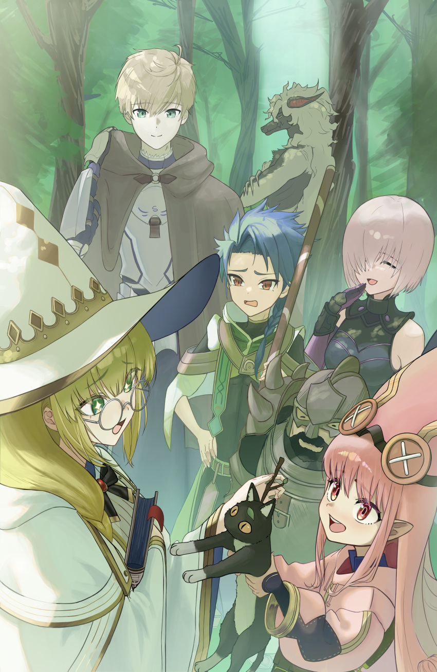 3boys, 3girls, absurdres, aesc_(fate), aesc_(rain_witch)_(fate), blonde_hair, blue_eyes, blue_hair