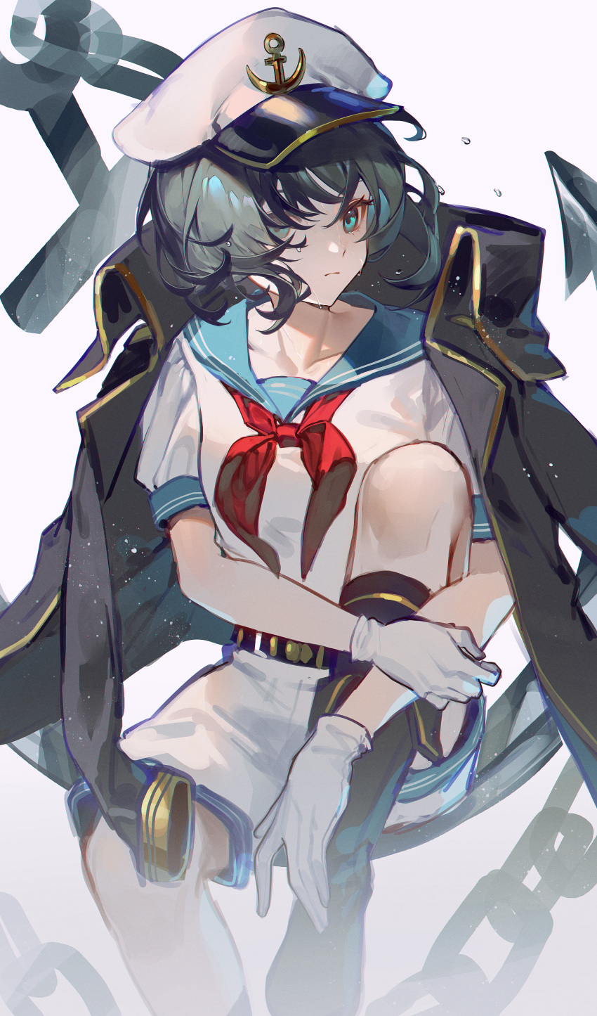 1girl, absurdres, anchor, anchor_hat_ornament, aqua_eyes, aqua_sailor_collar, belt, black_belt