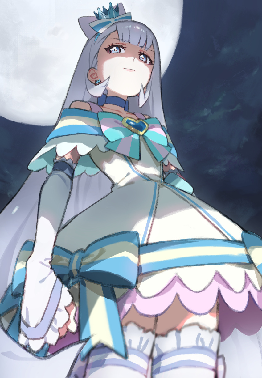 1girl, absurdres, arm_warmers, blue_eyes, blunt_bangs, bow, bowtie, brooch