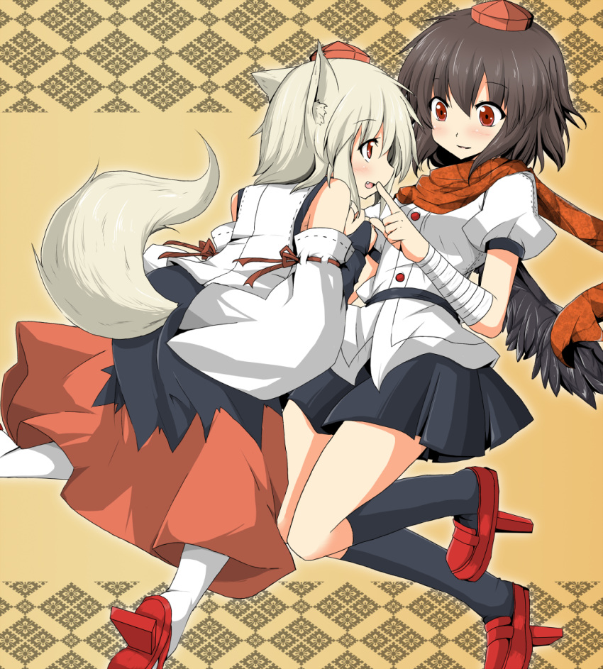 animal_ears, arm_wrap, blush, bridal_gauntlets, brown_hair, detached_sleeves, fang, finger_to_mouth