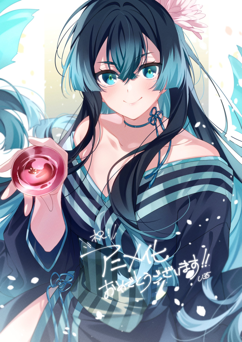 1girl, absurdres, alcohol, bare_shoulders, black_hair, black_kimono, blue_eyes, blue_hair