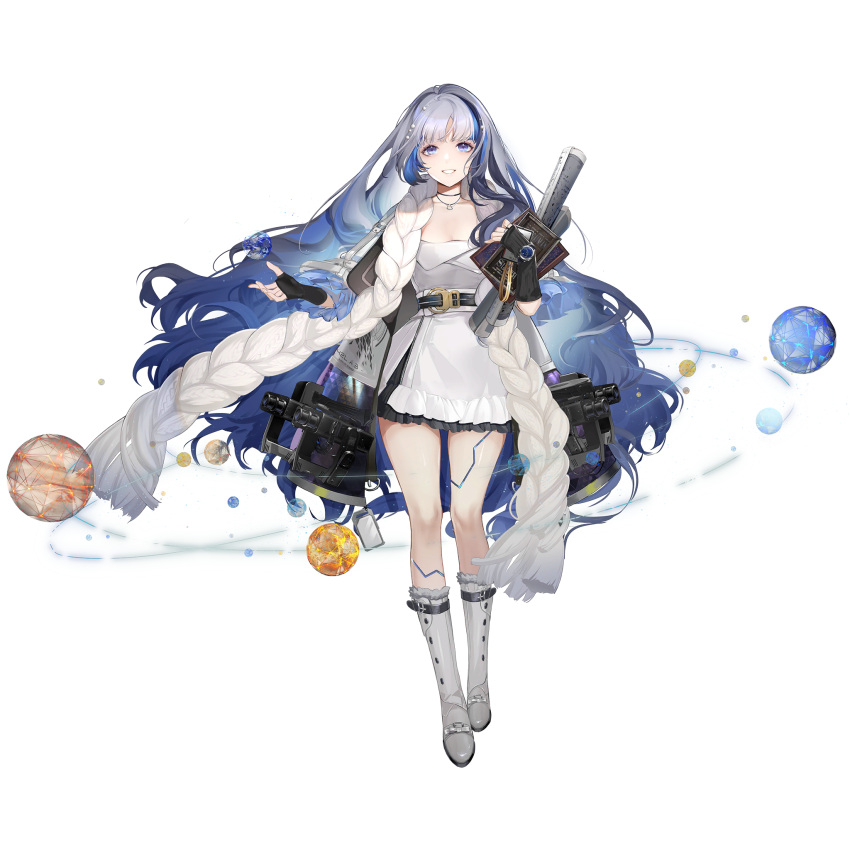 1girl, black_gloves, blue_eyes, blue_hair, book, boots, breasts, dress